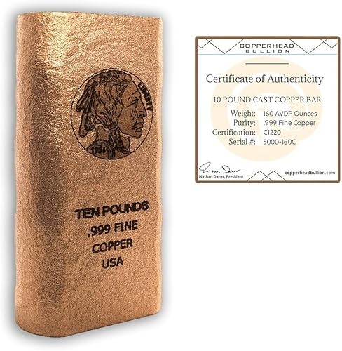 Barra de cobre fundido de 10 libras (160 oz) con diseño de elemento pisapapeles con certificado .999 lingote de lingote fino (níquel búfalo)