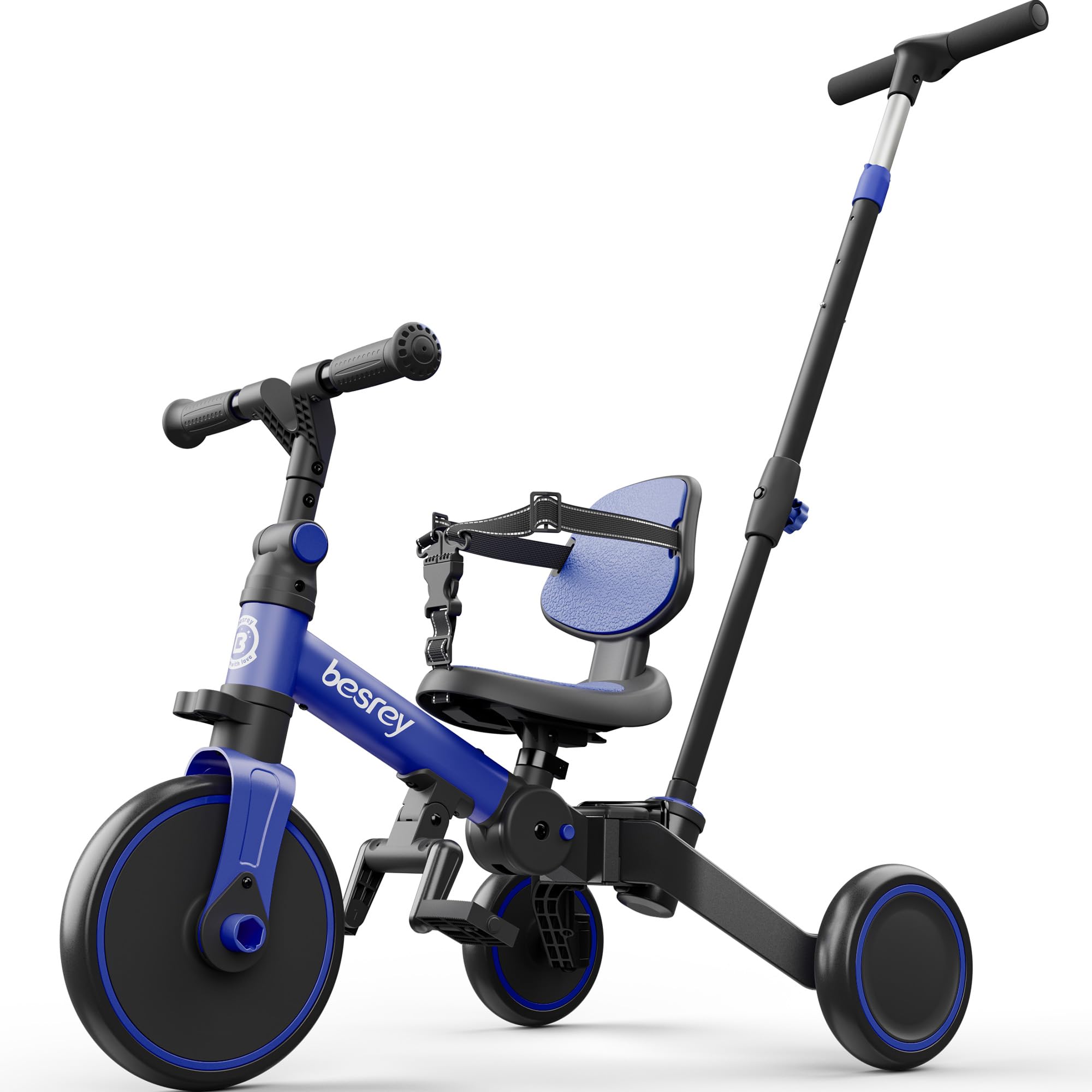 besrey Toddler Bike with Parent-Controlled Push Handle for 1-3 Years Old Girls and Boys, Foldable Kids Push Tricycle, Toddler Tricycle with Removable Pedals, Height Adjustable Seat (Dark Blue) — image 1