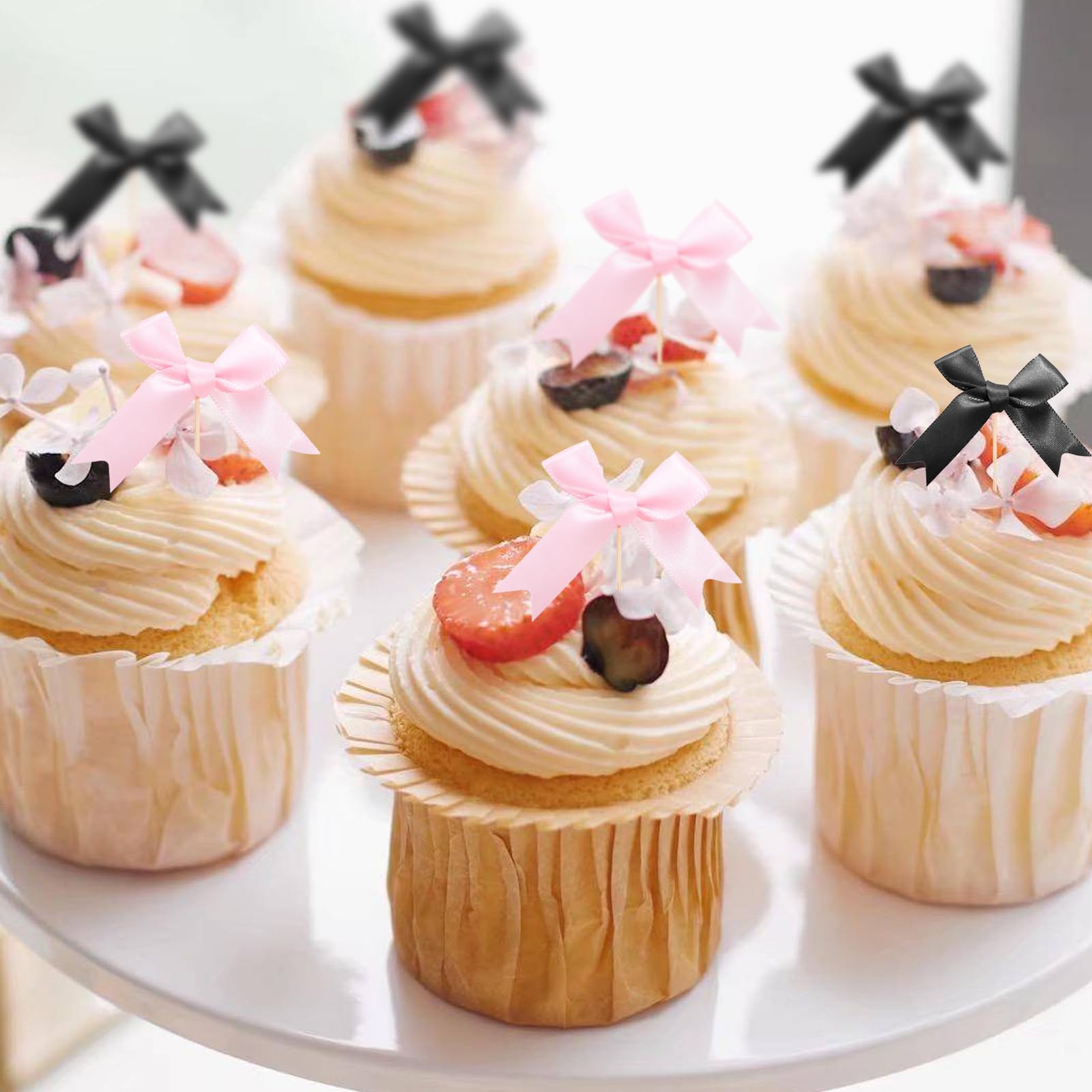 50 decorazioni per cupcake con fiocco rosa, decorazioni per torte di compleanno, matrimoni, baby shower, addio al nubilato, feste a tema coquette (rosa, nero)