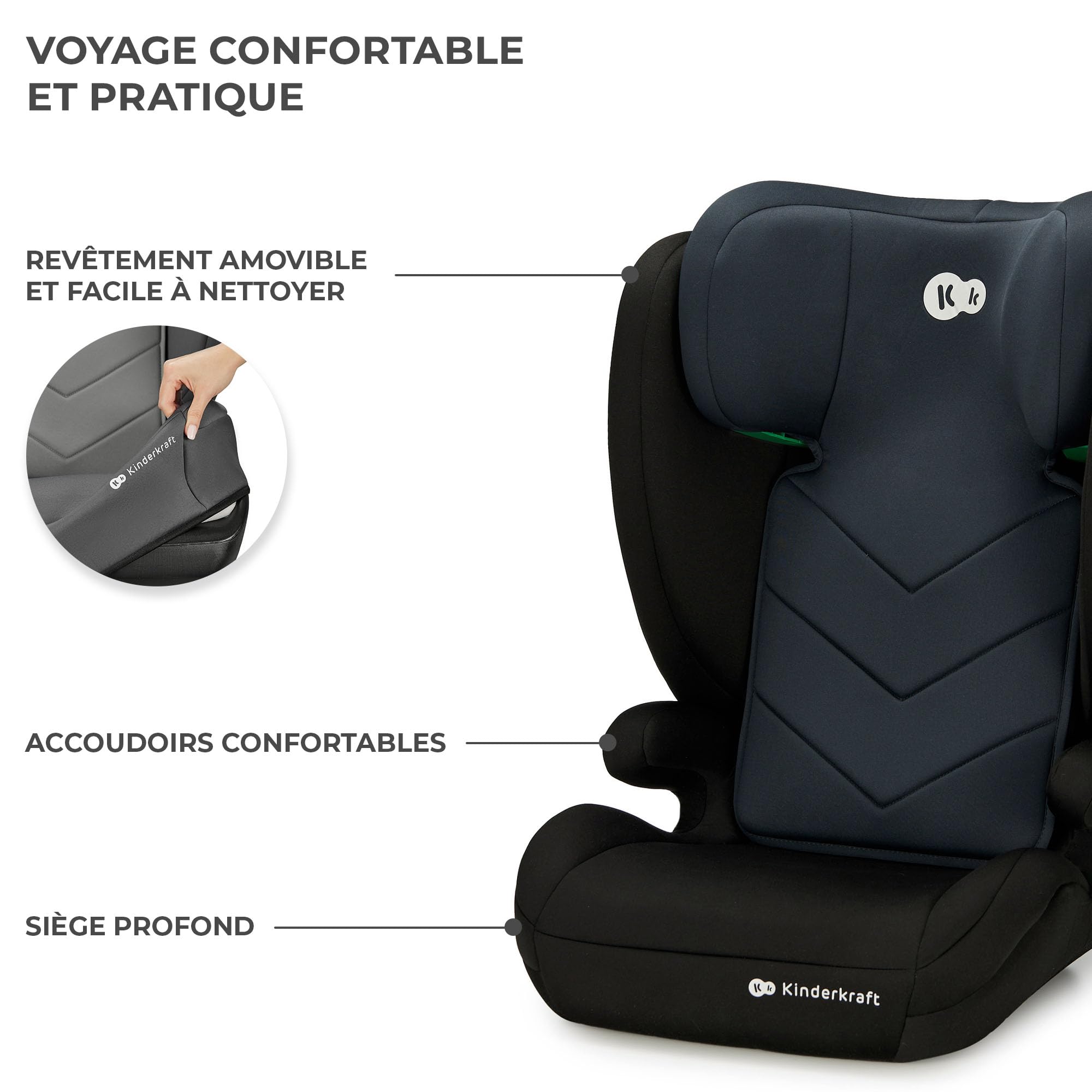 Kinderkraft I-SPARK i-Size Siège auto bébé Groupe 2/3 100-150 cm, de 3,5 à 12 ans, 15 à 36 kg, léger (4,85 kg), ceinture de sécurité à 3 points, Protection latérale, Noir