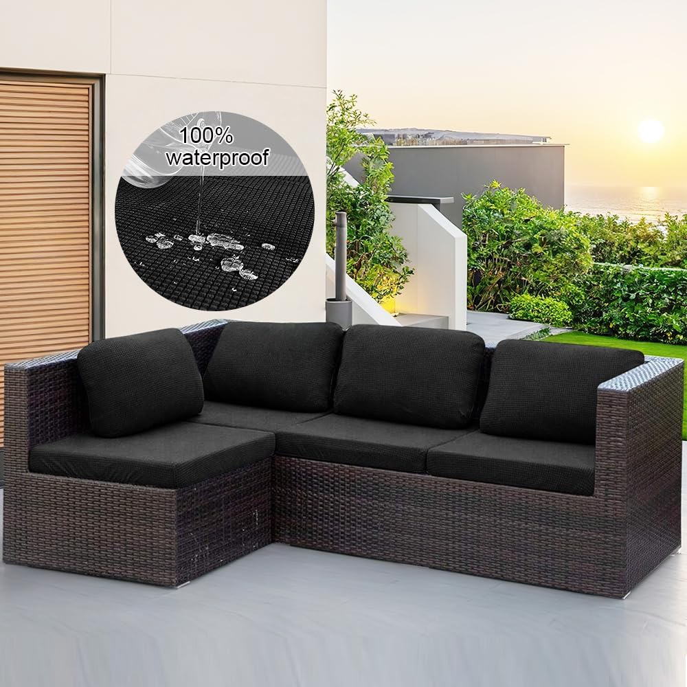 Hiseng Waterproof Seat Cushion Covers for Outdoor Sofa Patio Furniture Garden Chair Pad, Stretch Jacquard Washable Replacement Couch Cushion Slipcovers with Elastic Bottom (Black,L Shaped)