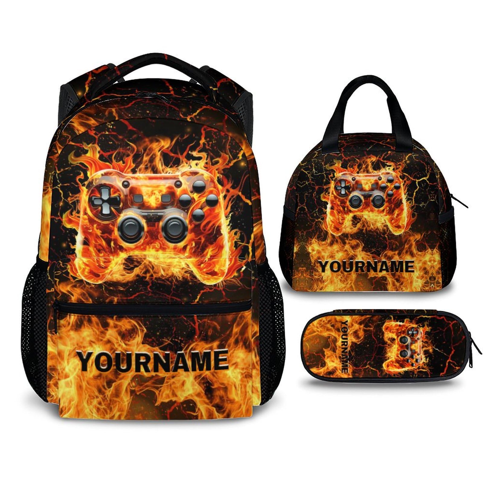 School Backpack Set for Boys, Custom Gamer Schoolbag with Lunch Bag Pencil Case for Kids Teen Kindergarten Elementary Primary, 17 Inch Personalized
