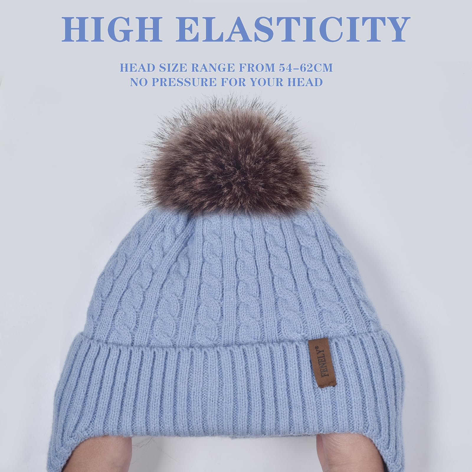 FENELY Gorro de invierno de punto cálido para mujer, capa interior de cachemira, cálido gorro de nieve grueso con pompón