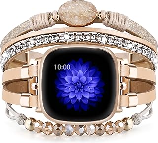 VISOOM Beaded Boho Bracelet Compatible for Fitbit Versa 4/Versa 3 Bands/Fitbit Sense2 /Sense Women Leather Fashion Cute Handmade Multilayer Wrap Watch Strap for Fitbit Versa 4/Versa 3/Sense 2/Sense