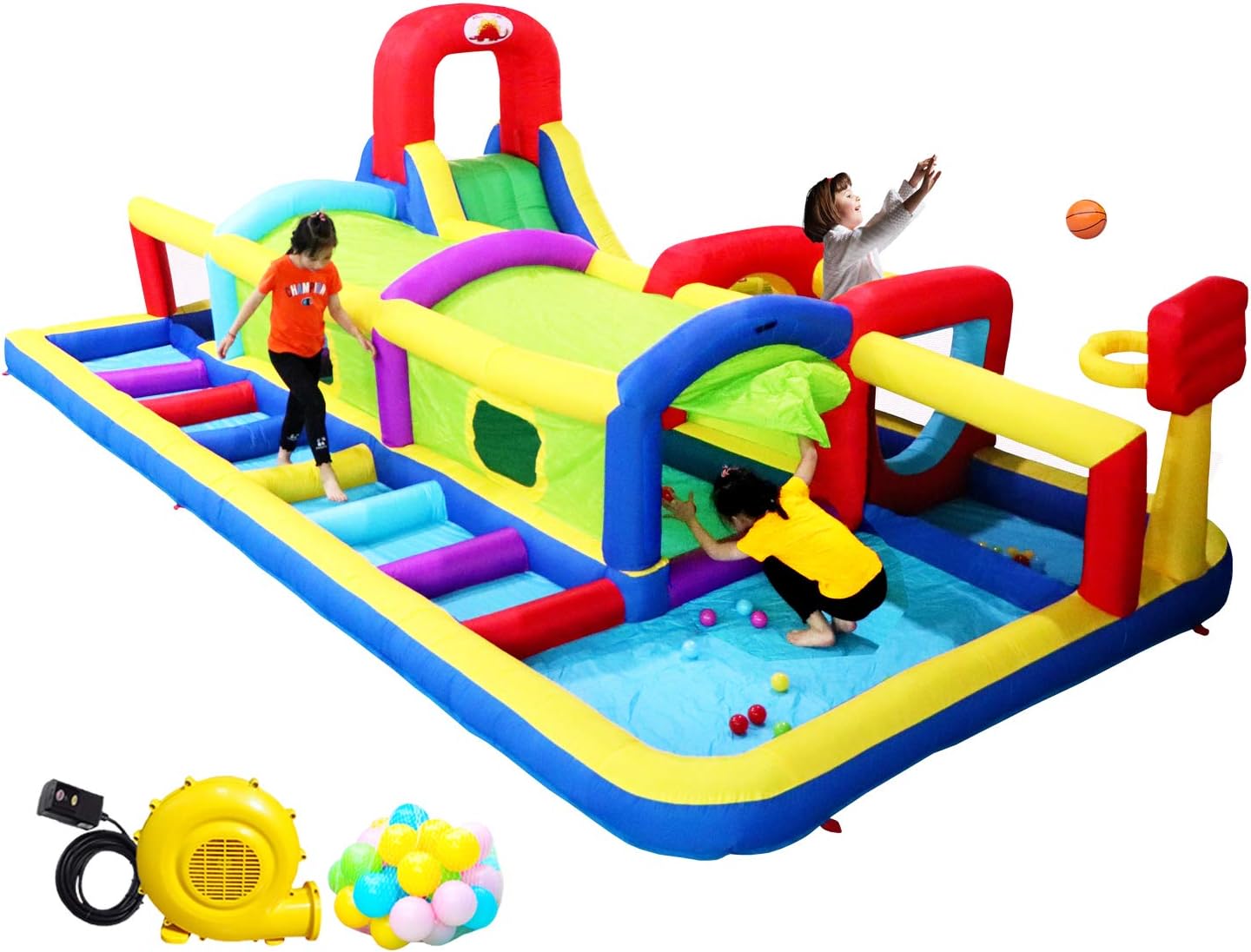 Inflatable Bounce House, Jumping Castle Slide with Blower and Wave Pool, Basketball Rim, Tunnel Crossing
