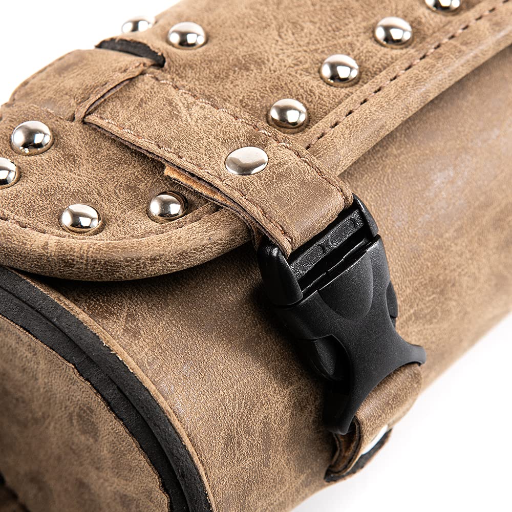 Borsa universale per attrezzi da manubrio di moto, in pelle ecologica in poliuretano, marrone, con rivetti, per Sissy Bar o portapacchi posteriore