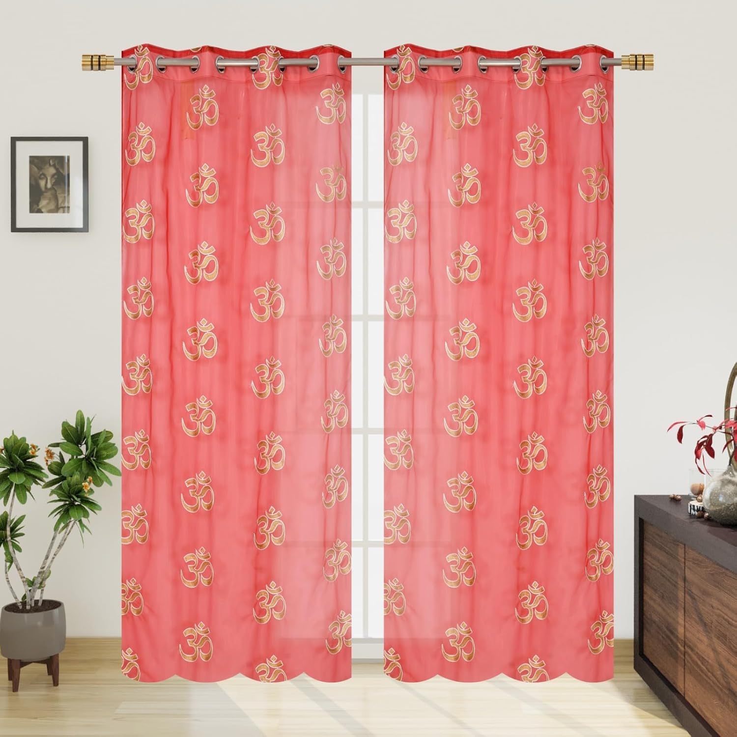HomeStore-YEP Red Net Curtain for Pooja Room with Om Print, Set of 2 (5 Feet) | Sheer Mandir Door Parda for Temple, Prayer Area & Home Décor, Lightweight & Decorative 1