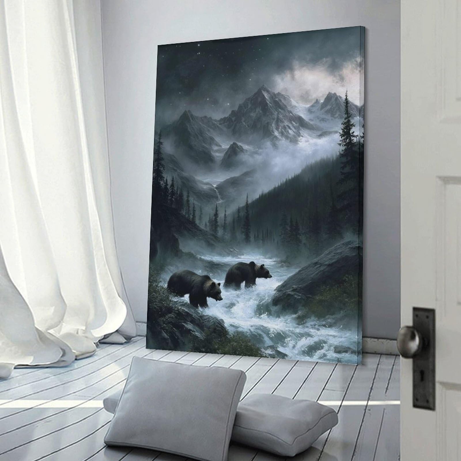 Junmoney Frame-Style-6-1 Canvas Art Print Bears In Mountain River Landscape, 24X36inch(60X90cm), For Calm Bedrooms, Home Corners Or Flats, A Warm Accent For Relaxed Interiors