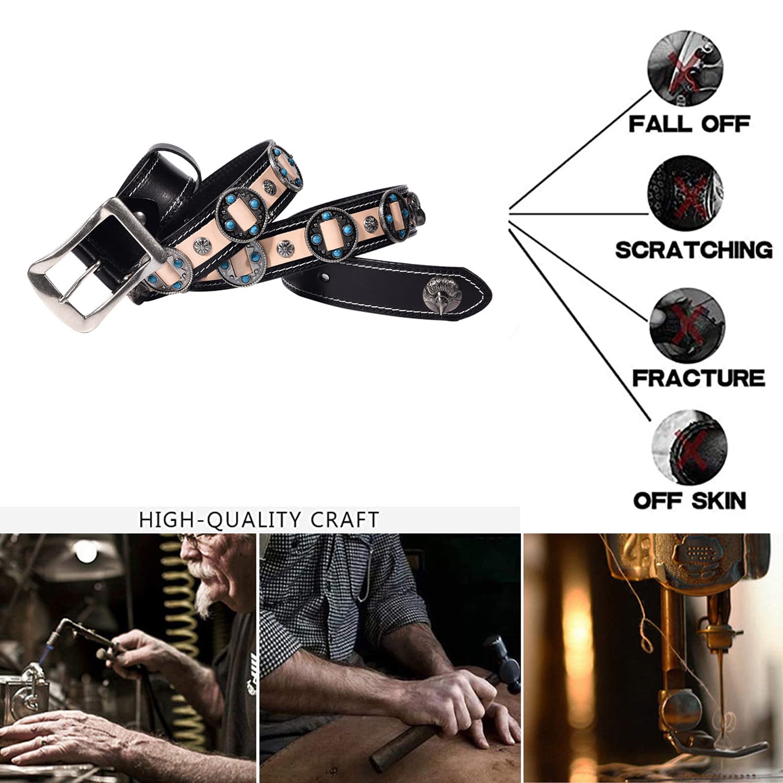 Cintura western in vera pelle per uomo e donna turchese intarsiato con borchie d'aquila con fibbia per cowboy e cowgirl stile country, larghezza 38 mm