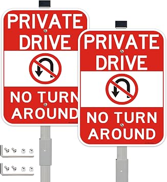 2Pack 14x10 inch Private Drive No Turn Around Sign with 36" Stake, Aluminum | 14" x 10" Reflective Aluminum, Do Not Enter No Trespassing Sign, 36" Metal Stakes Included, Easy Mount