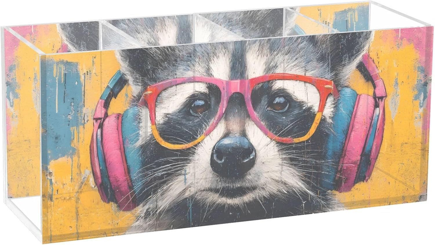 Woman Anime Street Woman Anime Green Raccoon Headphone Acrylic Pen Holder 4 Compartments, Pencil Holder for Desk, Office Desk Storage Organizer for Office
