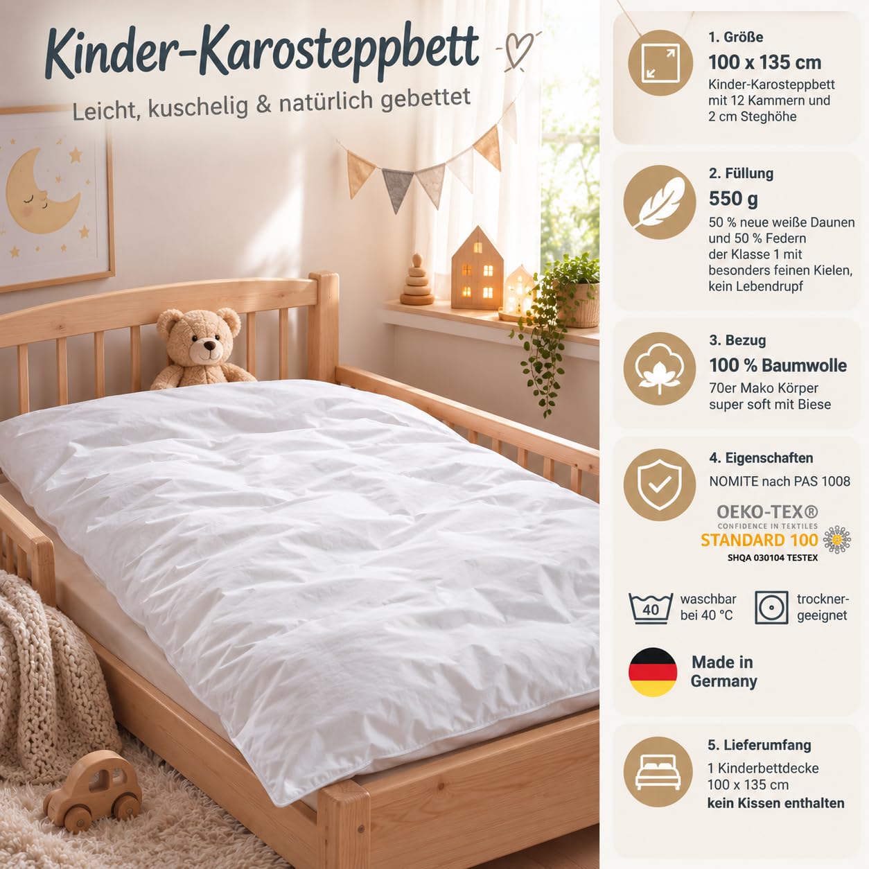 Moon Dziecięce/niemowlęta Kołdra klasy premium, 50% puch, 50% pierze