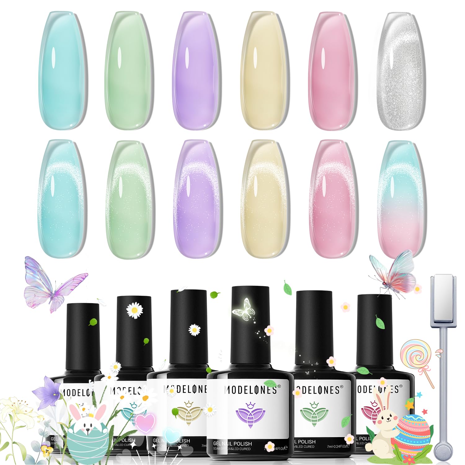 modelones Gel Nail Polish Set, 6 Colors Silver Cat Eye Gel Polish Translucent Pastel Sheer Pink Yellow Lavender Purple Baby Blue Mint Green Jelly Nail Polish with Magnet LED Manicure DIY Gift