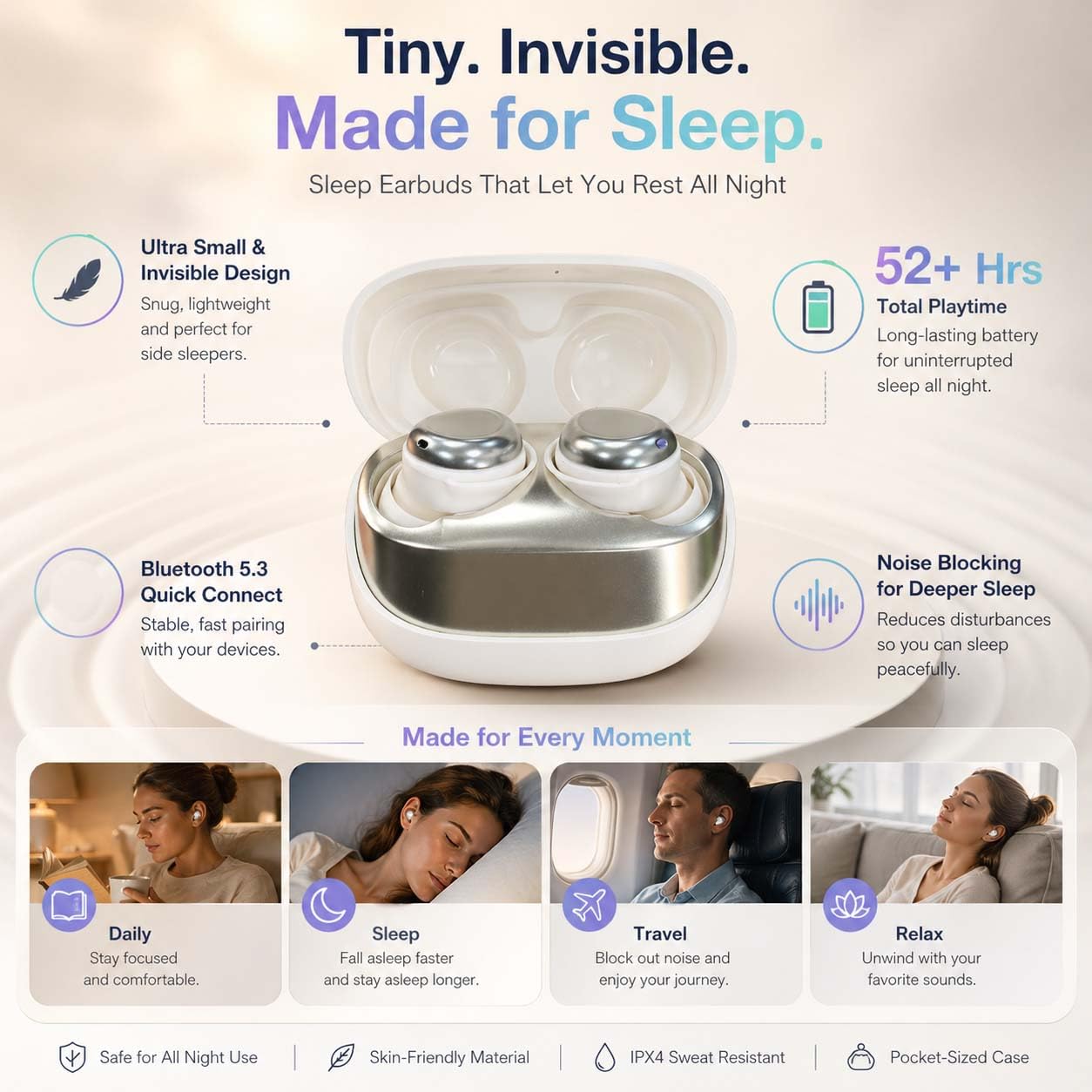 Mini auriculares para dormir, auriculares inalámbricos Bluetooth 5.4, cancelación de ruido ENC, tiempo de reproducción de 47 horas, ultra suaves para dormir de lado, IPX7 impermeable, carga