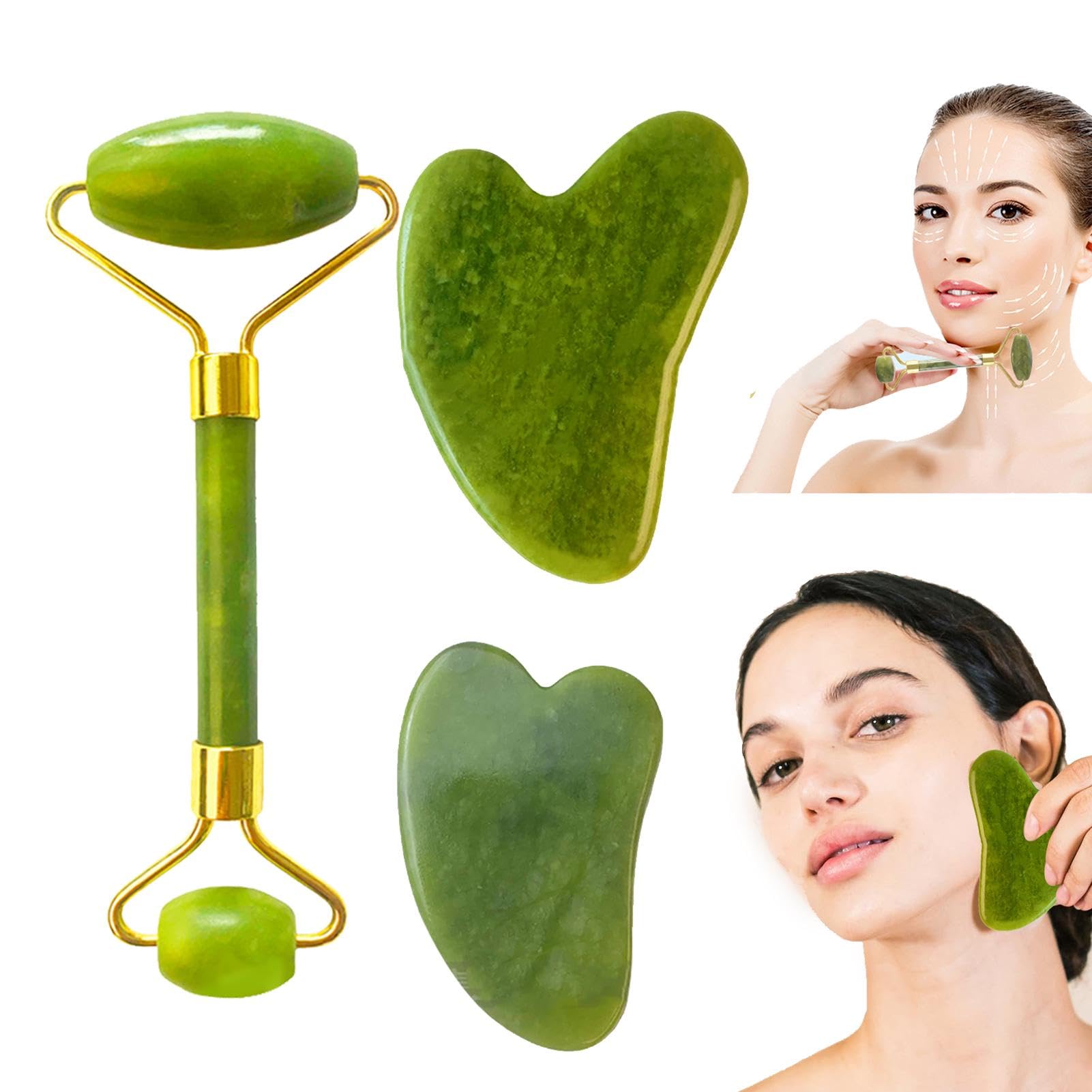 Juego de rodillo de jade y Gua Sha, herramienta facial Gua Sha, rodillo facial y herramientas faciales Gua Sha, cuello, herramientas de belleza natural para el cuidado de la piel, músculo corporal,