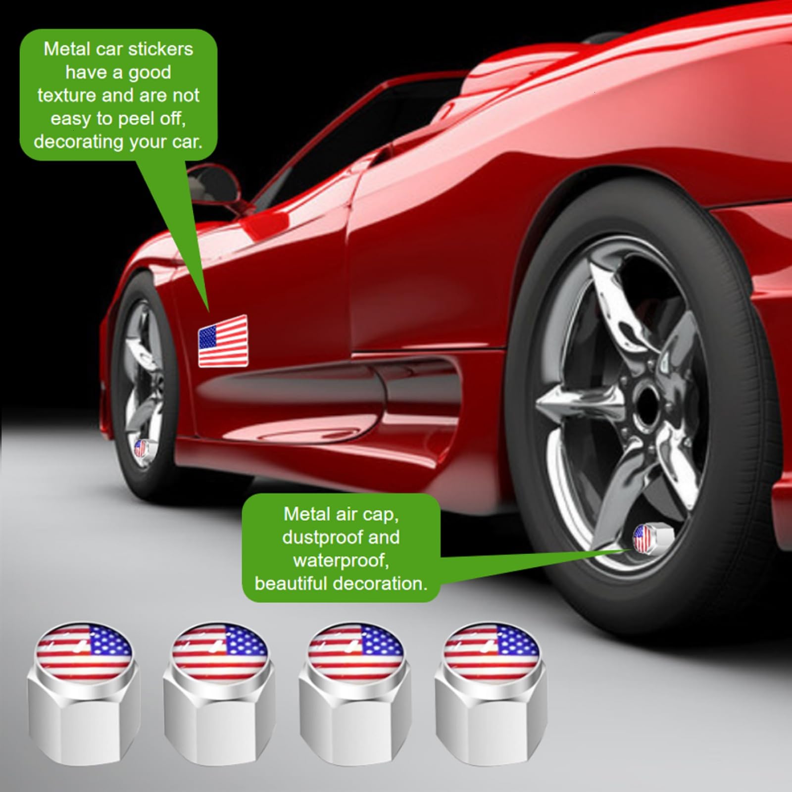 WSSROGY 2-Pack Aluminum License Plate Frame Cover With Screws, Metal Stickers & Tire Caps - USA Flag Style