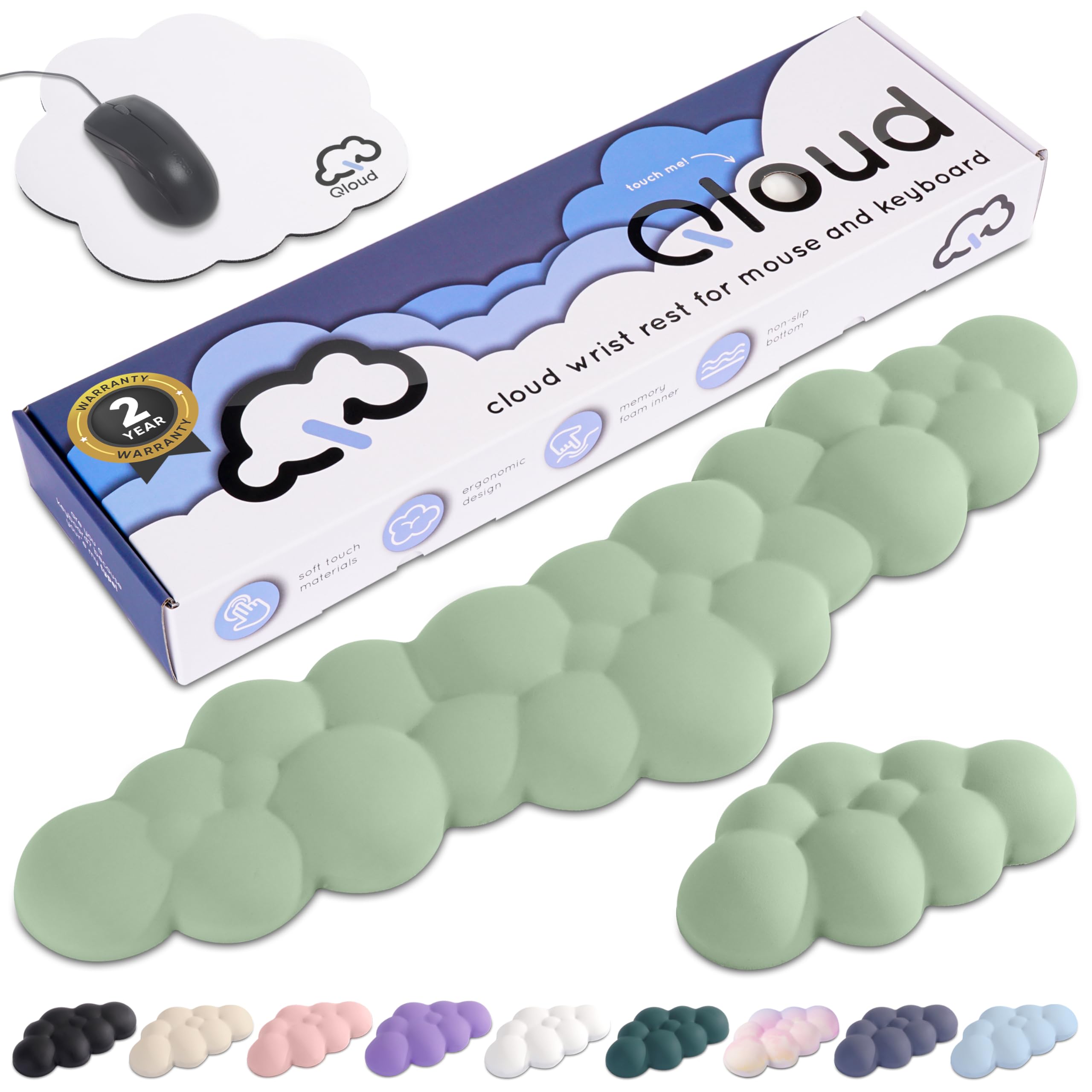 Qloud Cloud Wrist Rest Keyboard Wrist Rest for Computer Keyboard Pad, Cloud Keyboard Wrist Rest, Wrist Pad for Keyboard, Memory Foam, Non Slip Base, Comes with Mouse Pad - Pastel Green