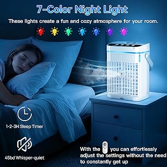 Portable Air Conditioners, 40oz Water Tank, 3 Wind Speed & 3 Cool Mist, 1-3H Timer & 7 LED Light, Personal Air Conditioner Small Mini Air Conditioner Portable Air Cooler for Room/Office