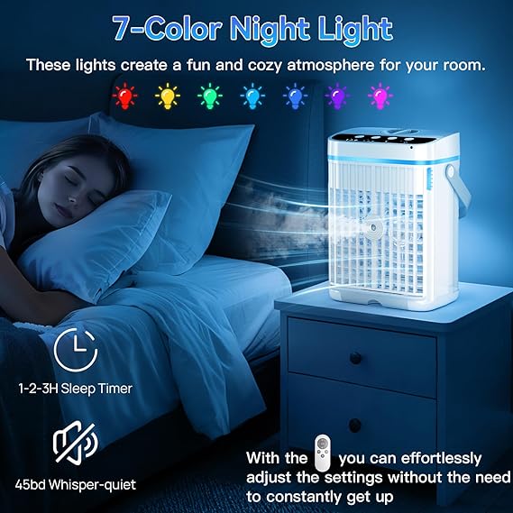 Portable Air Conditioners, 40oz Water Tank, 3 Wind Speed & 3 Cool Mist, 1-3H Timer & 7 LED Light, Personal Air Conditioner Small Mini Air Conditioner Portable Air Cooler for Room/Office