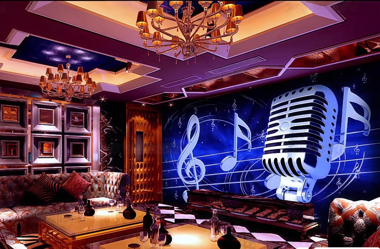 rskjdghshd Wallpaper Cool Blue Microphone Notes Staff Theme Nightclub Bar Western Restaurant Background Wall Mural Afternoon Tea Coffee Shop Wallpaper,3D,250x175cm