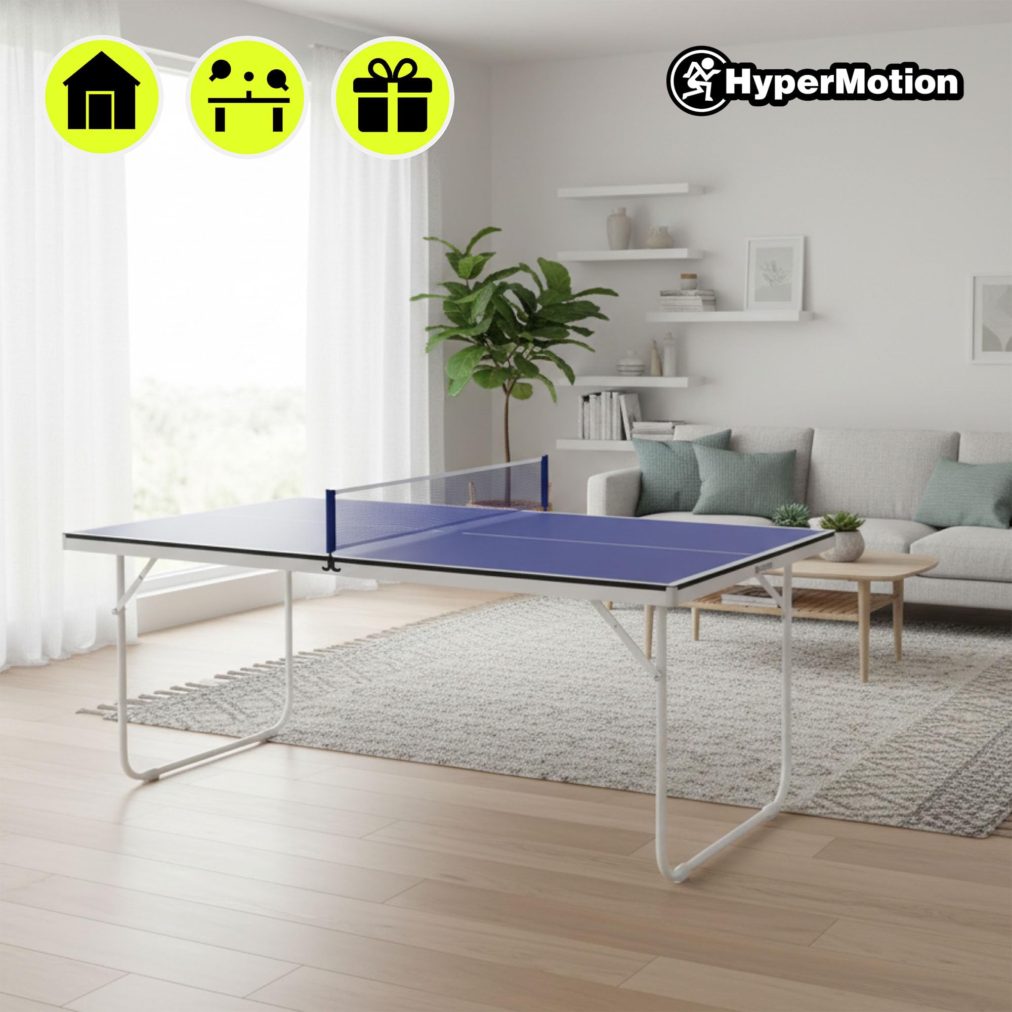 HyperMotion Mesa de Ping Pong Plegable para Casa, Mesa Compacta de Tenis de Mesa Indoor para Juego Recreativo, Diseño Ahorra Espacio con Red, 2 Palas y Pelotas, Mesa Familiar para Niños y Adultos