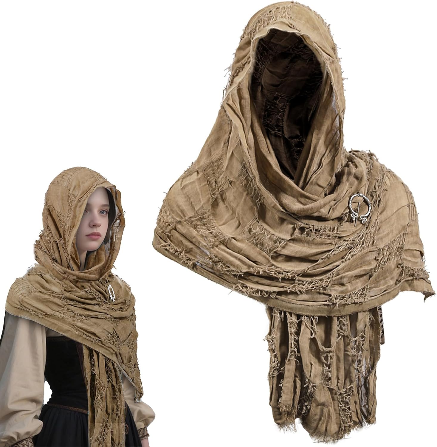Medieval Hooded Shawl with Viking Brooch, Cosplay Cloak for Renaissance Costume, Dune Wasteland Scarf Wrap