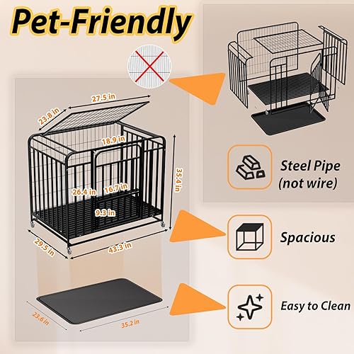 Miniatura 5 de Jaula indestructible para perros de 48 pulgadas a prueba de escapes con ruedas, jaula de acero de alta ansiedad para interiores con bandeja