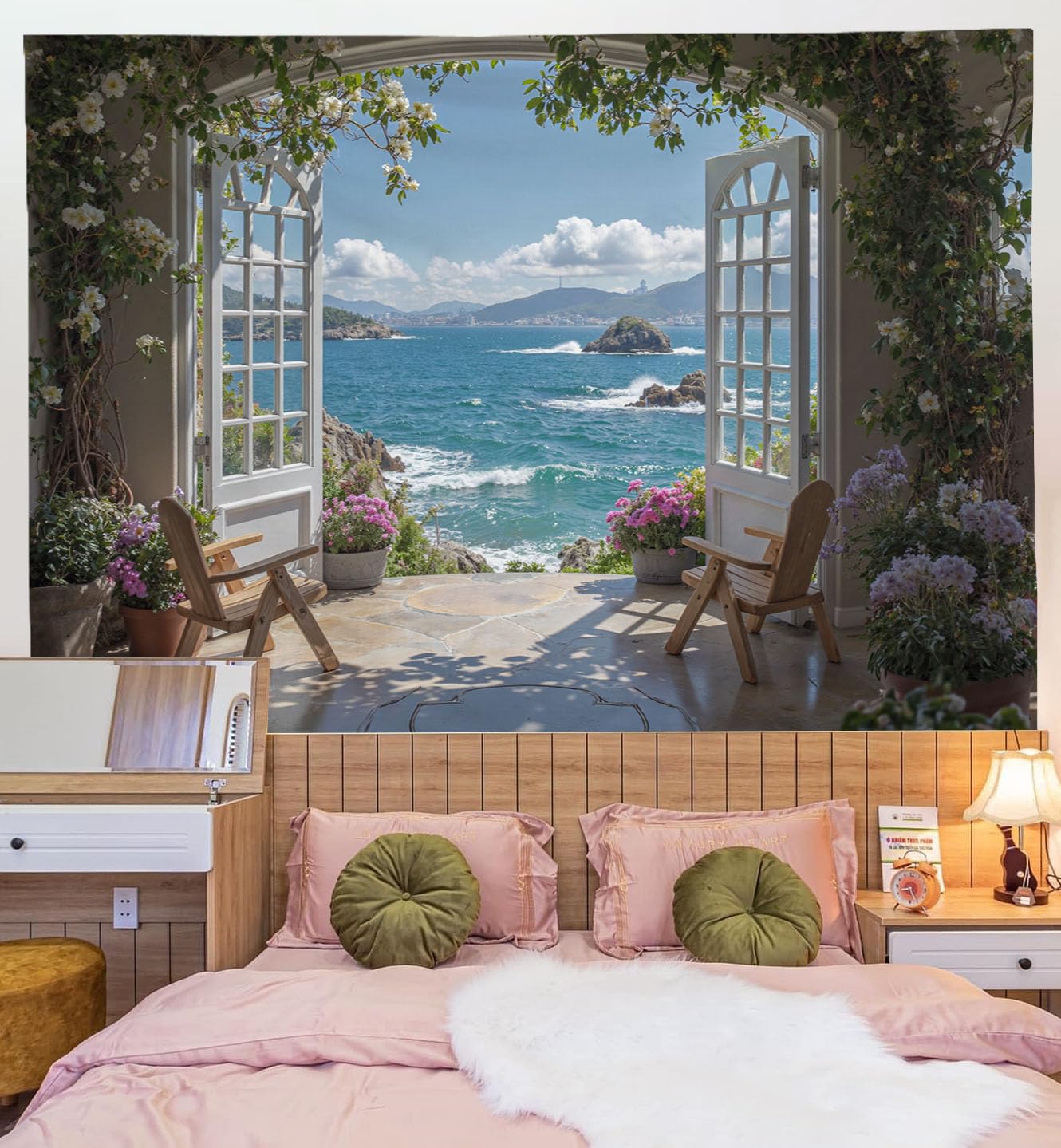 Tapiz de pared decorativo de 200x150cm con diseño artístico de acantilados y flores azul claro 8