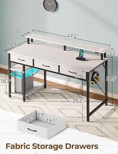 Miniatura 3 de Rolanstar Escritorio para computadora con tomas de corriente y luz LED, escritorio de oficina en casa de 47 pulgadas con cajones y estantes de