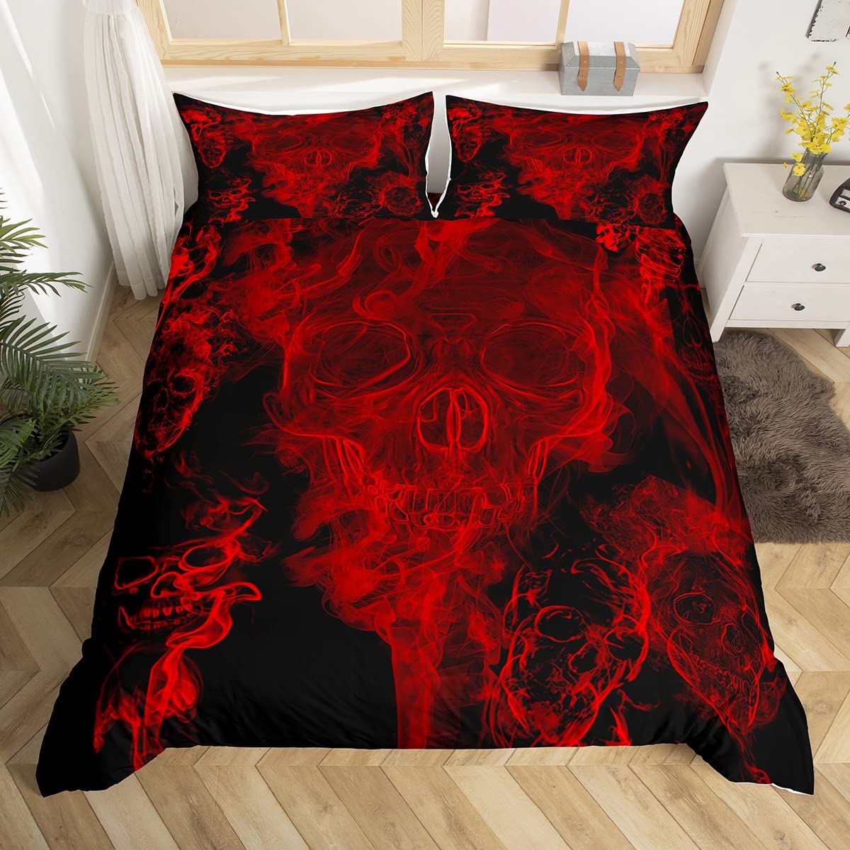 Gothic Skull Bedding Set Red And Black Skeleton Comforter Cover Super King For Kids Teens Women Men,Psychedelic Goth Skull Duvet Cover Trippy Smoke Bedspread Cover Horror Bedroom Decor 3 Pcs