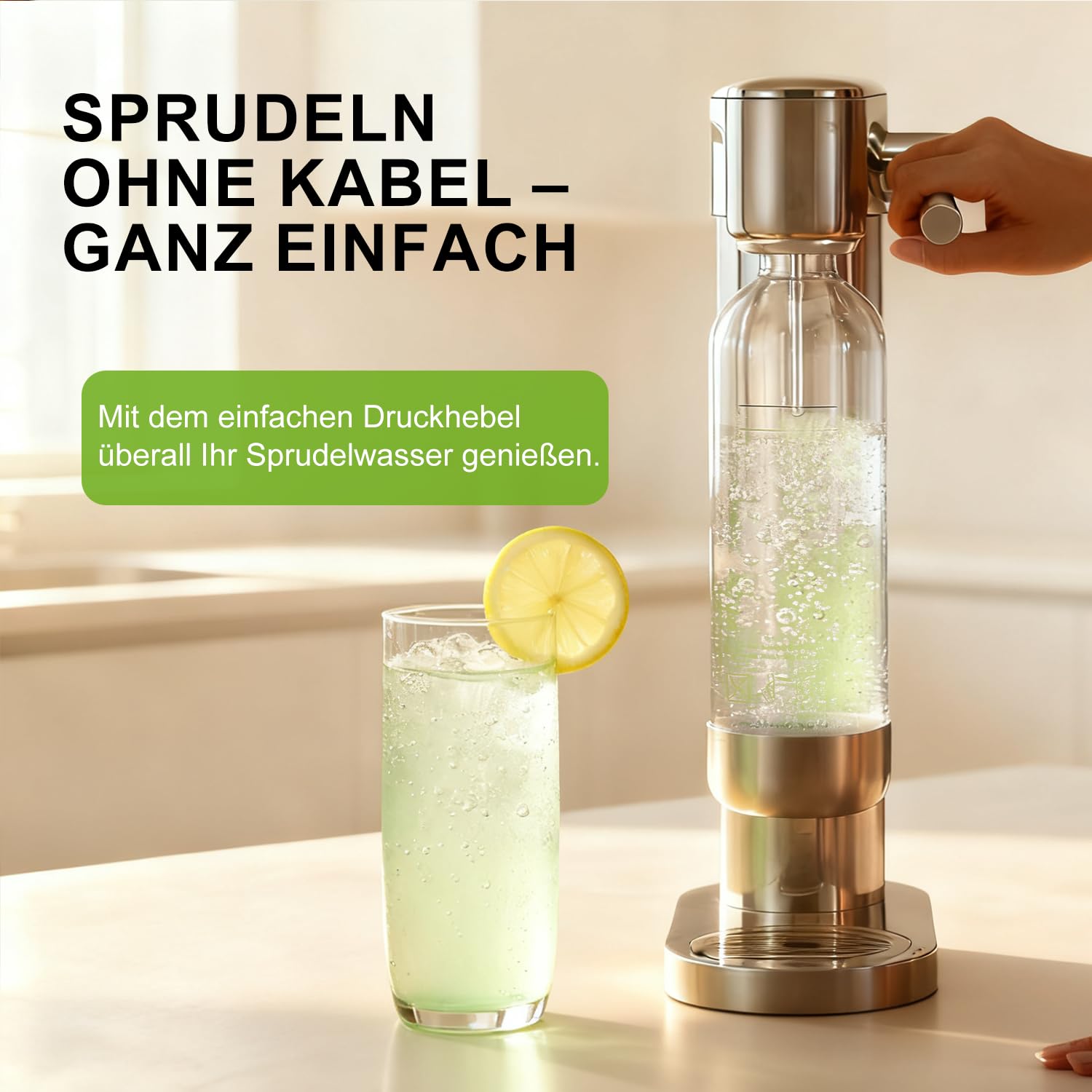 Wassersprudler Edelstahl, Manuelle Kohlensäuremaschine für Zuhause, Mit BPA-freier PET-Flasche, Kompatibel mit 60L Gewinde-CO₂-Zylindern (Zylinder nicht enthalten)