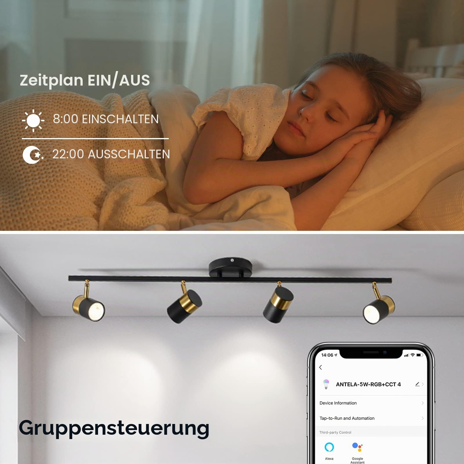 ANTELA Smart Alexa Glühbirne GU10 5W LED WLAN RGBCW Birne Lampe | 2700K-6500K Farbtemperatur, APP-Steuerung, Google Home kompatibel, 4 Stück