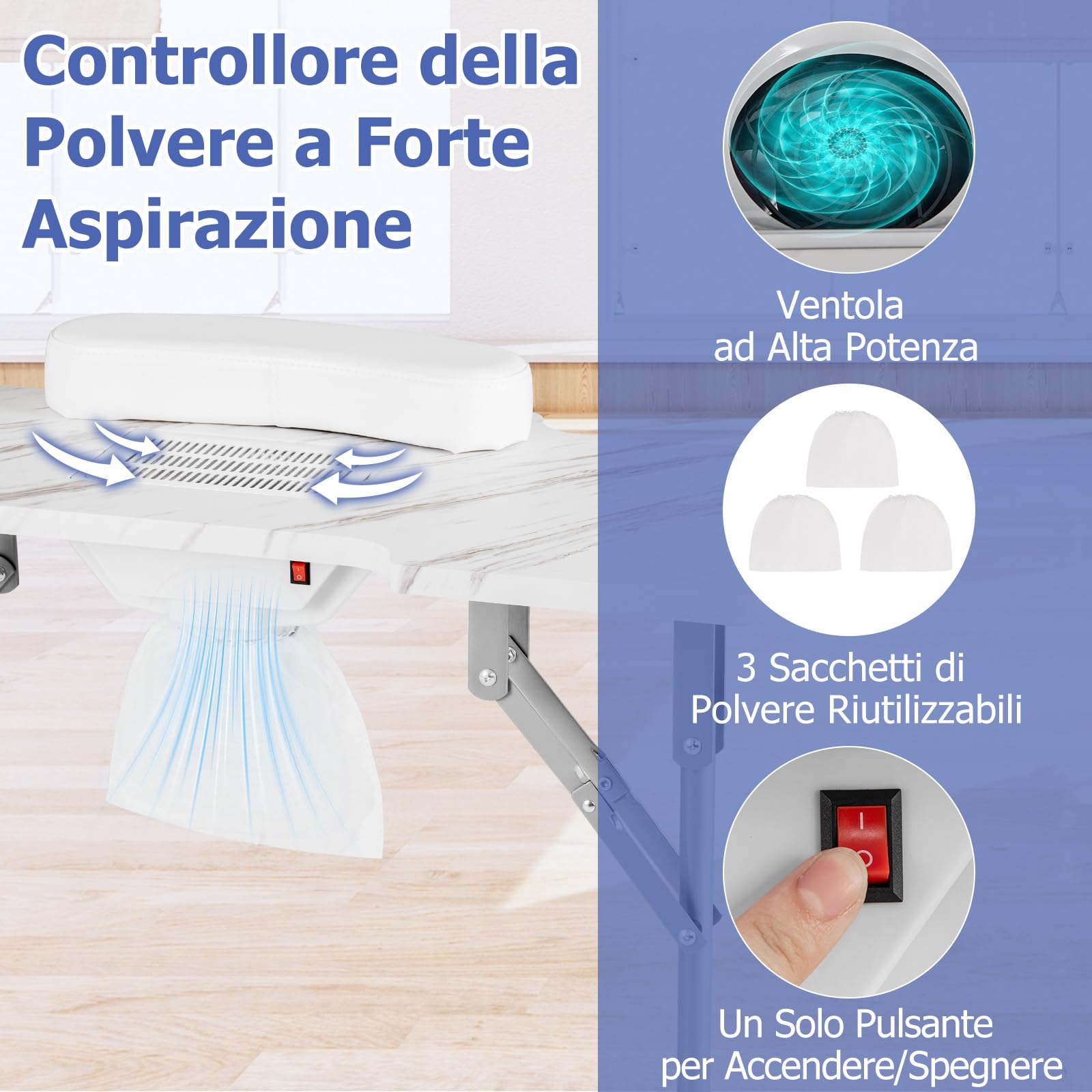 COSTWAY Tavolo per Manicure Pieghevole con Aspiratore Elettrico, Tavolo per Unghie Portatile con Luce LED, Cuscino Poggia Polso Clienti, Borsa e 4 Ruote Bloccabili (Bianco)