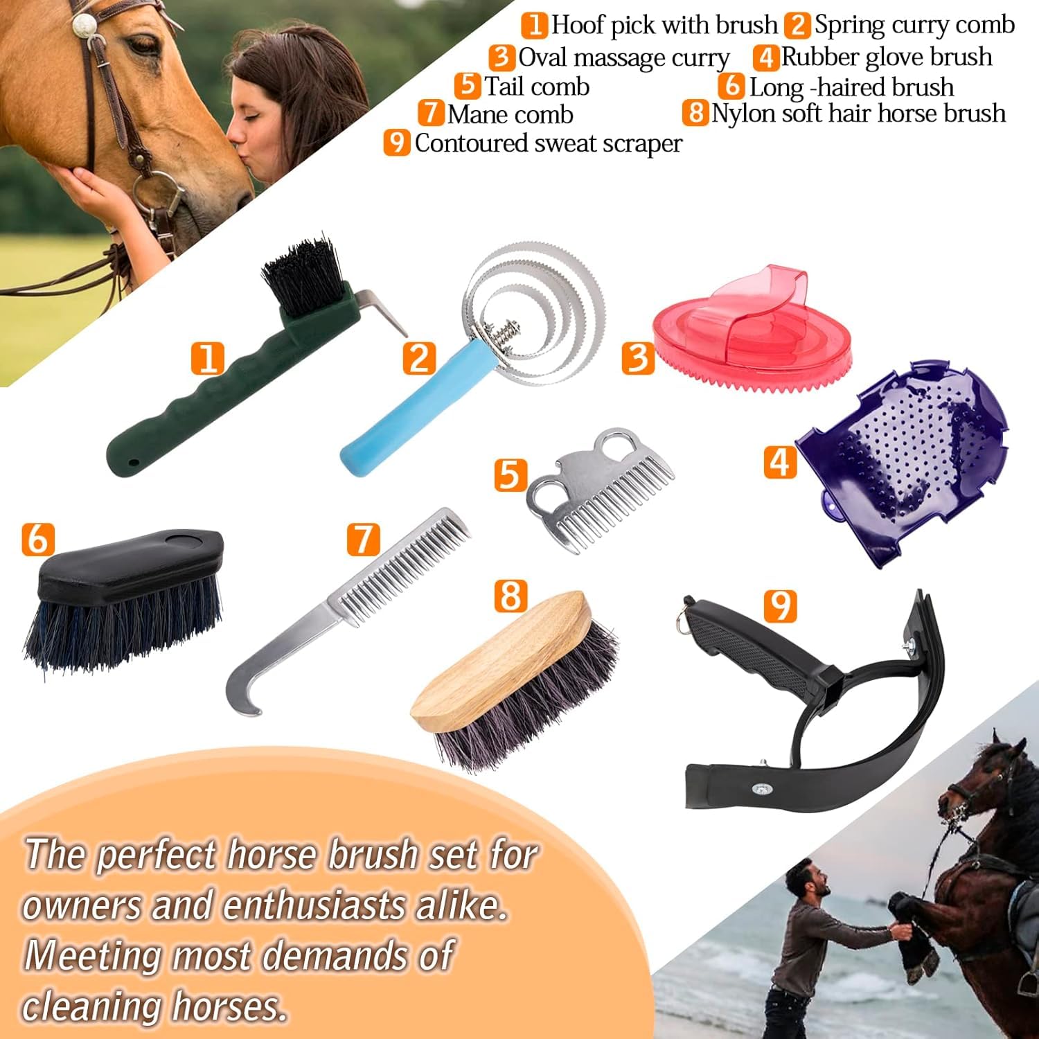 Horse Grooming Kit, Horse Brush Set, 10Pcs Horse Cleaning Kit with Brush, Sweat Scraper, Curry Comb, Hoof Pick, Tote Bag - image 4
