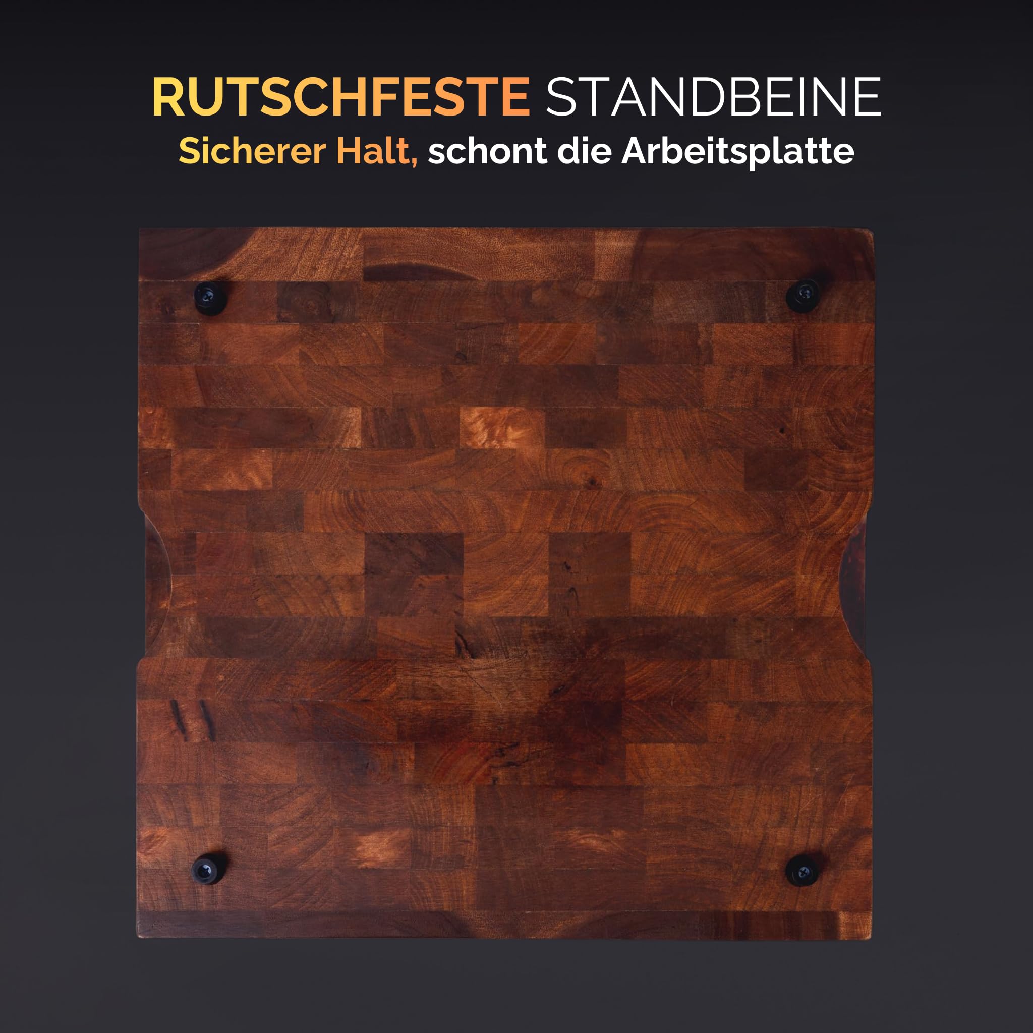 NYORD Holzschneidebrett aus Geöltem Mangoholz, Wasserabweisend, 40 x 40 cm, Massives Schneidebrett mit Saftrille und cm-Skala, Großes Küchenbrett mit Rutschfesten Standfüßen