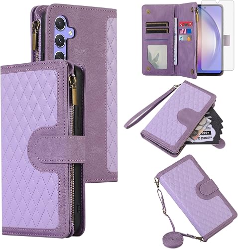 Asuwish Funda de teléfono para Samsung Galaxy A14M14 5G con protector de pantalla de vidrio templado y correa cruzada para la muñeca de cuero con