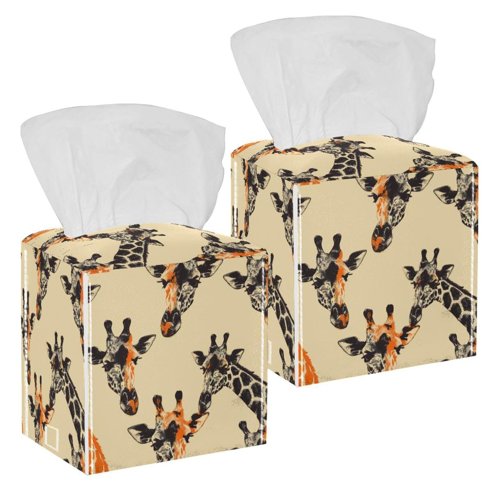 Giraffe Head Tissue Box Cover, 2 Pack PU Leather Square Facial Tissue Dispenser Box holder for Home Office Car