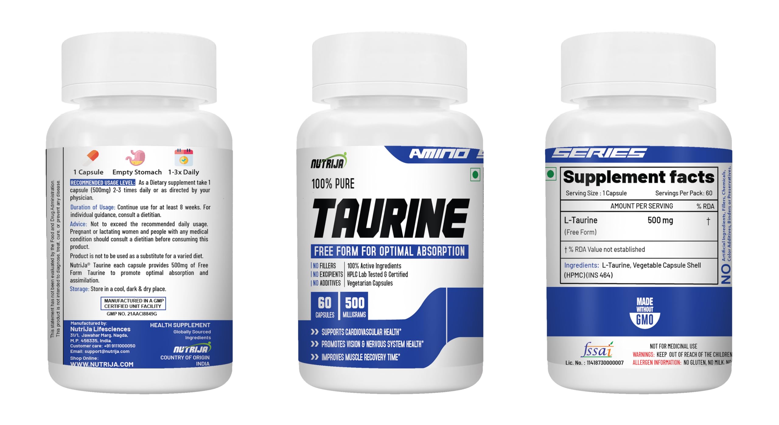 NutriJa Taurine 500mg - 60 Capsules | Supports Muscle Recovery, Cardiovascular Health, Vision & Nervous System 2
