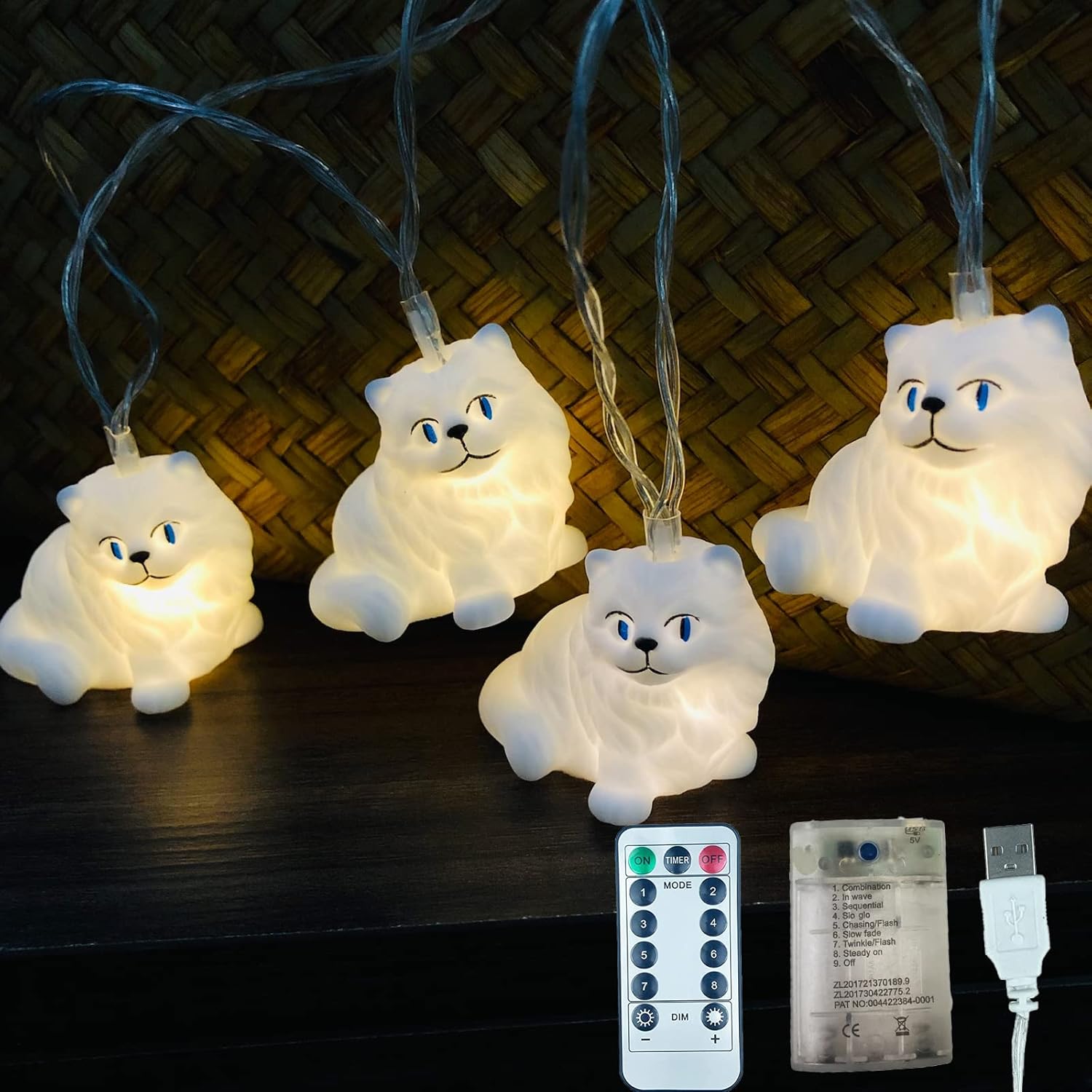 White Persian Cat String Lights USB & Battery Powered Pets