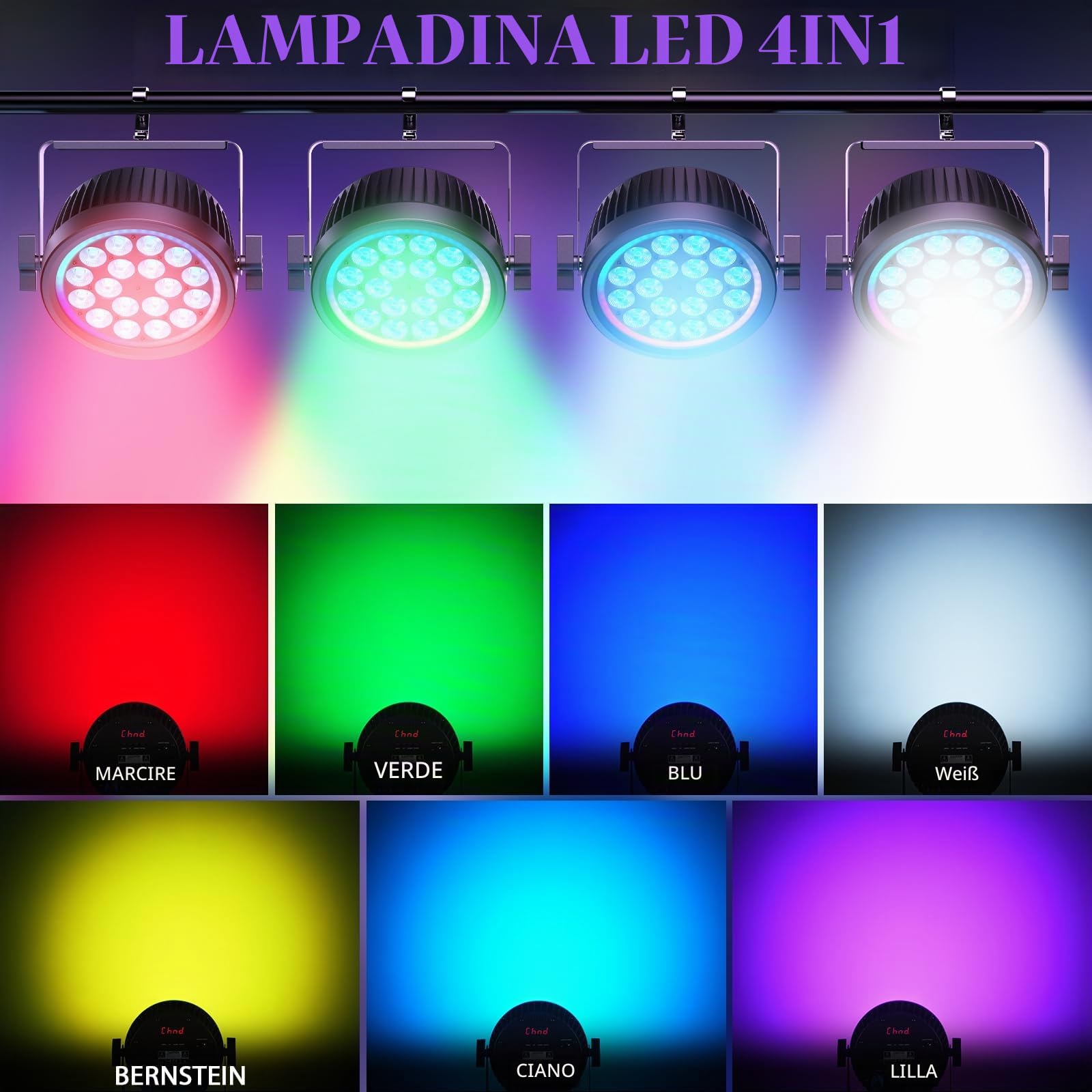 Par LED DMX, 18x10W RGBW Silenziosi Luci Discoteca con Anello RGB, Luci da Palcoscenico Faretti con Suono Attivato e Strobo, 4 Modalità Illuminazione Luci Palco per DJ Feste Halloween Natale