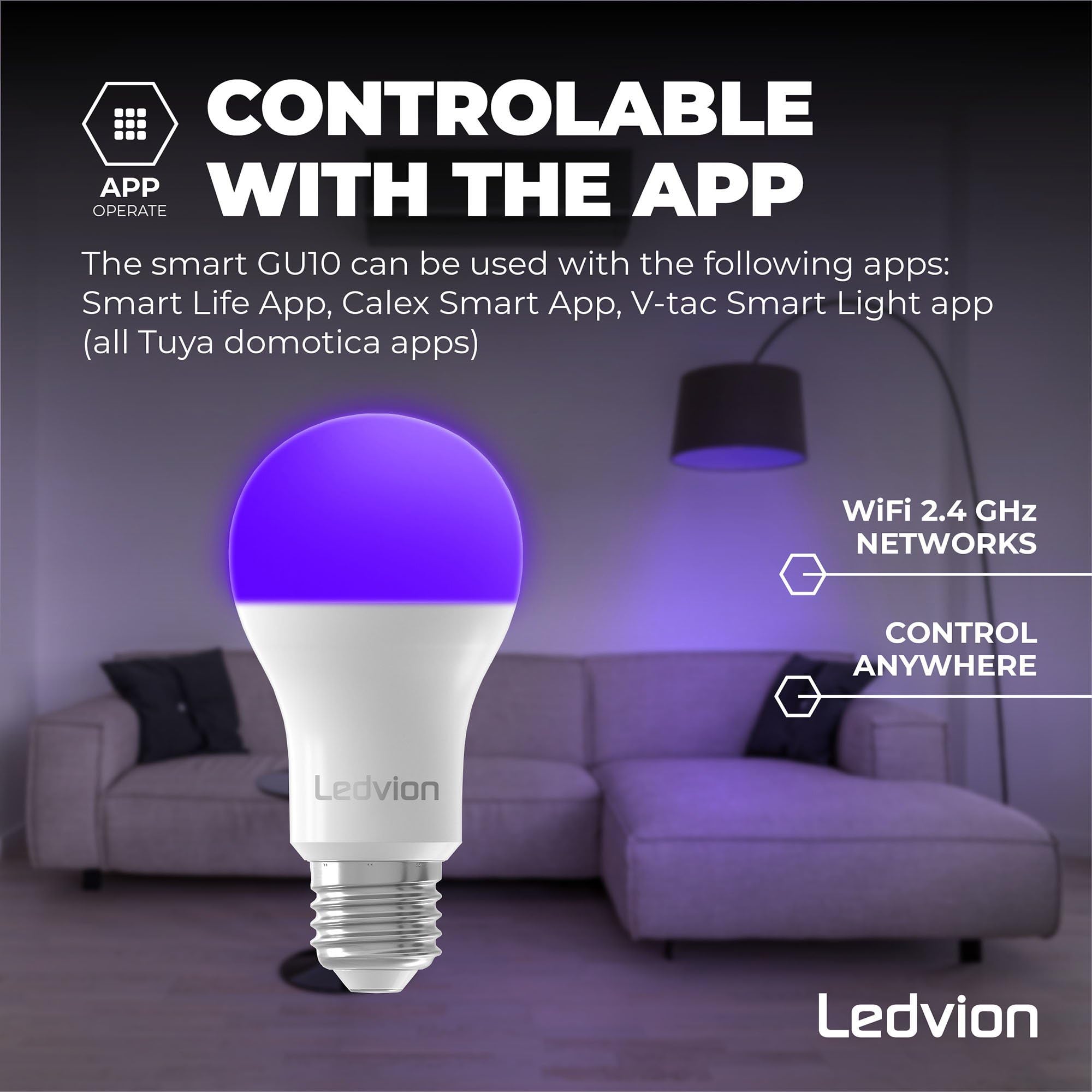 Ledvion - 10X SMART RGB+CCT Lampada LED E27, 8W, 806 Lumen, Illuminazione Wi-Fi, Dimmerabile, Alexa & Google Home