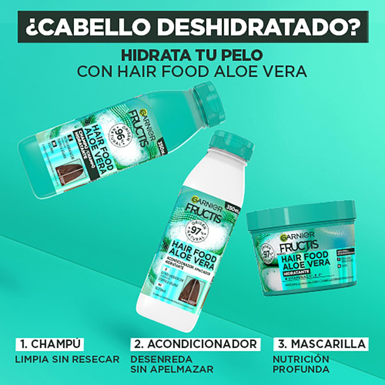 Garnier Fructis Hair Food Set Champú Acondicionador Mascarilla Pelo Normal a Seco Aloe Vera Hidratante 3 Productos
