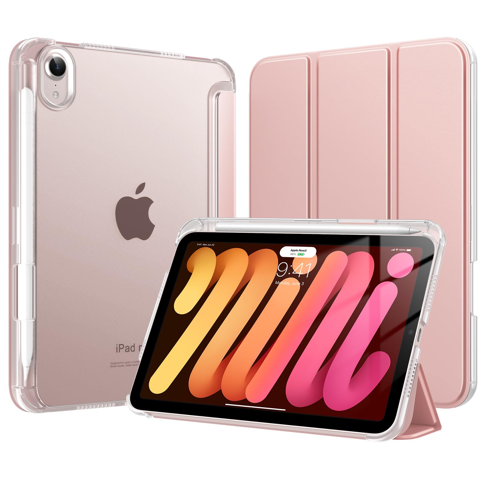TiMOVO iPad mini7 ケース (A17 Pro) iPad mini 第7/6世代 ケース (8.3インチ、2024/2021) スリム 三つ折り2WAYスタンド ペン収納 PencilPro/第2世代収納 PC半透明バック PUレザー 衝撃吸収 オートスリープ機能付き 軽量 耐久 スマートカバー ローズゴールド