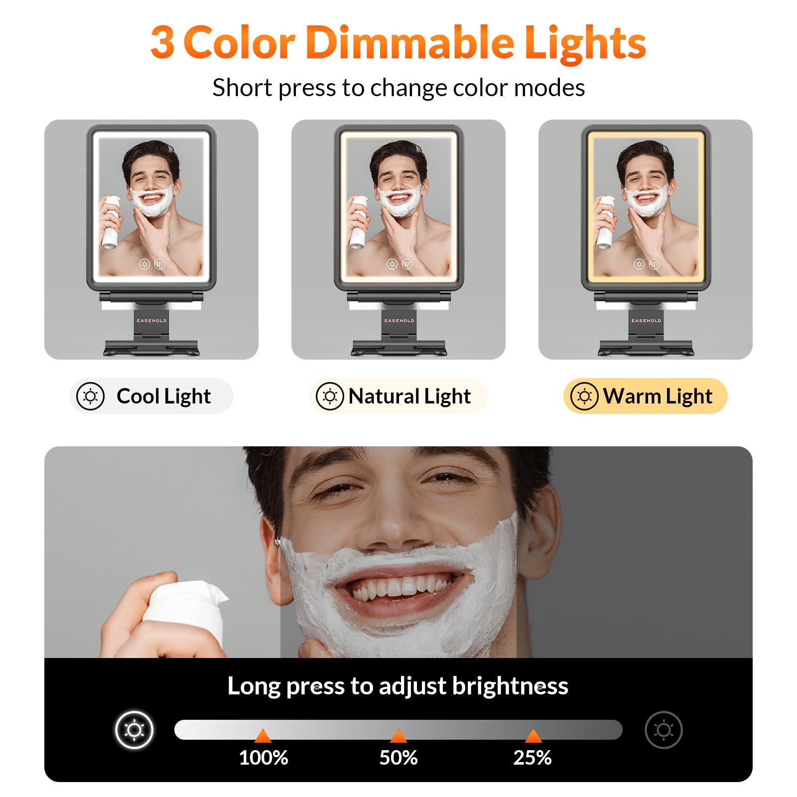 EASEHOLD Beschlagfreier Duschspiegel, Led Rasierspiegel für Dusche mit Rasierklingenhalter, 3 einstellbare Lichtfarben, Wiederaufladbarer Akku, Anti-Beschlag Badezimmer Spiegel mit Touch-Taste