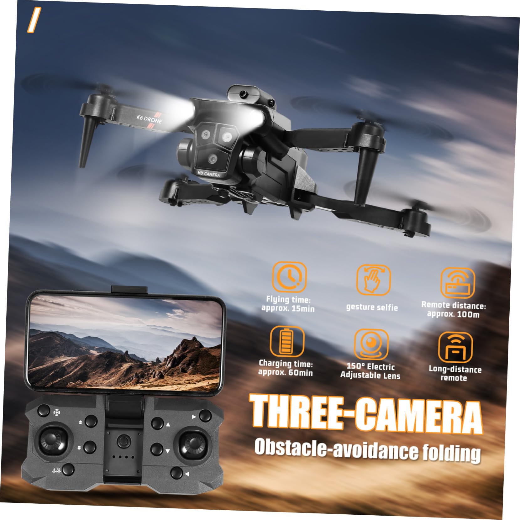 Drone Pieghevole Max con Tripla Fotocamera, Nero Abs | Obiettivo Elettrico 150°, Capacità 1800mah 3,7v, Doppie Batterie per Uso Adulto