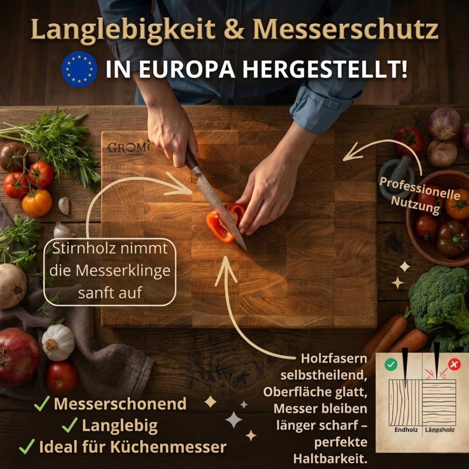Drewniana deska do krojenia o grubości 3,5 cm, dąb premium, drewniana deska kuchenna, drewniana deska do krojenia z europejskiej manufaktury, bez plastiku, naturalny olej lniany i wosk pszczeli oraz
