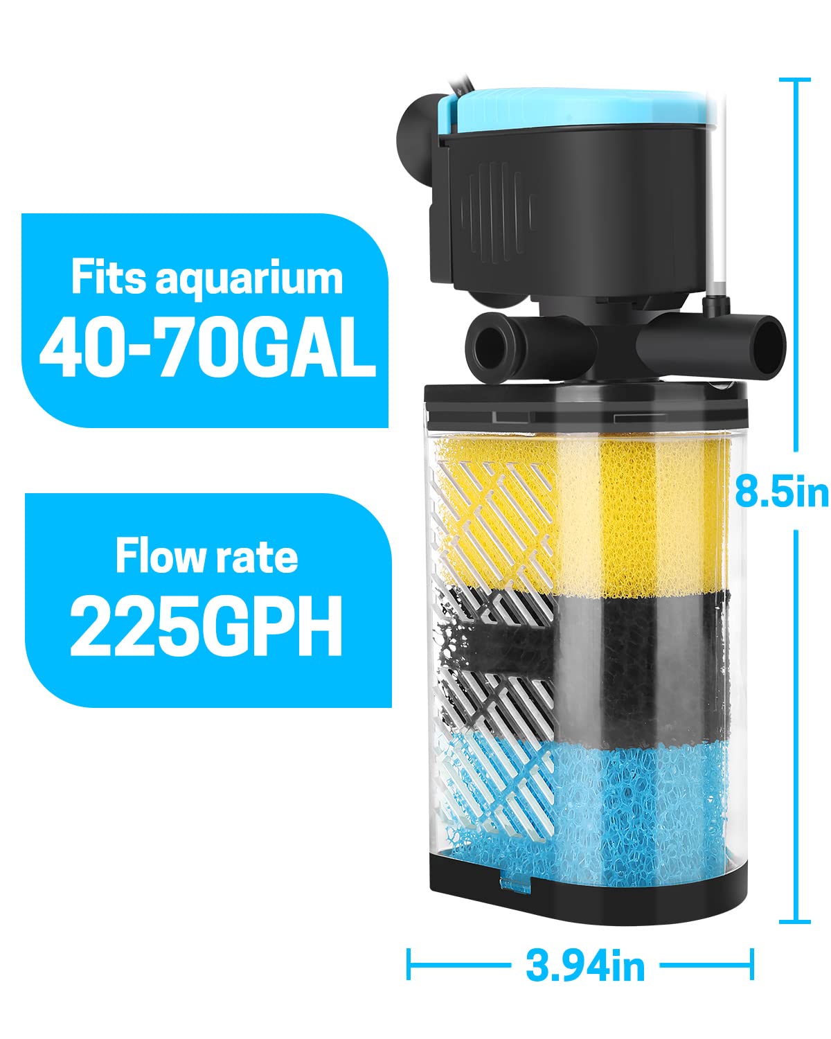 AquaMiracle® Filtro de acuario de 3 etapas, filtro interno de tanque de peces, filtro de tortuga para tanques de peces de 40 a 70 galones con doble salida de agua y aireación, flujo ajustable