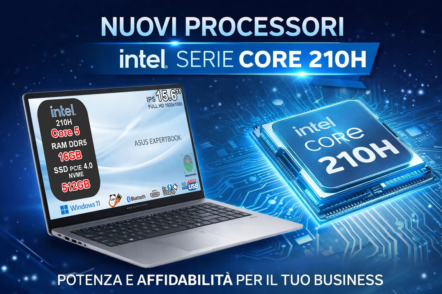 ASUS ExpertBook P1 Notebook, Intel Core 5 210H, 16GB DDR5, SSD 512GB NVMe PCIe 4.0, Display 15,6" FHD Antiriflesso, USB-C Gen2, LAN RJ45, Wi-Fi 6, Bluetooth 5.4, Windows 11 Pro, 24 Mesi Garanzia