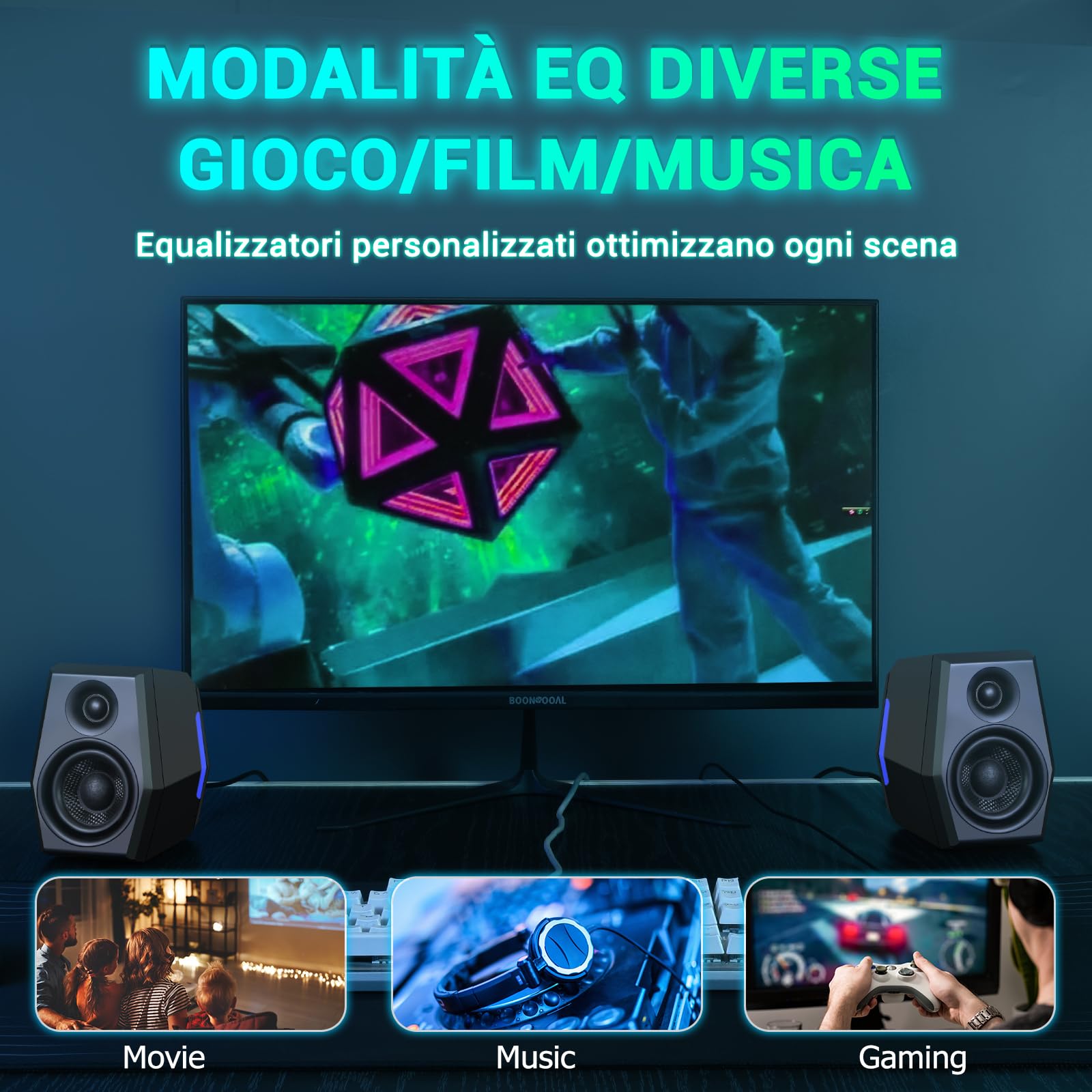 Sanyun SW209 Casse Gaming 2.0 36 W, Audio Tattico 3 Modalità DSP | Gaming/Film/Musica, DAC 24 bit, USB-C/Bluetooth 5.2/AUX, Driver Fibra di Vetro 7 cm + Cupola Seta 18 mm, RGB (Coppia, Nero)