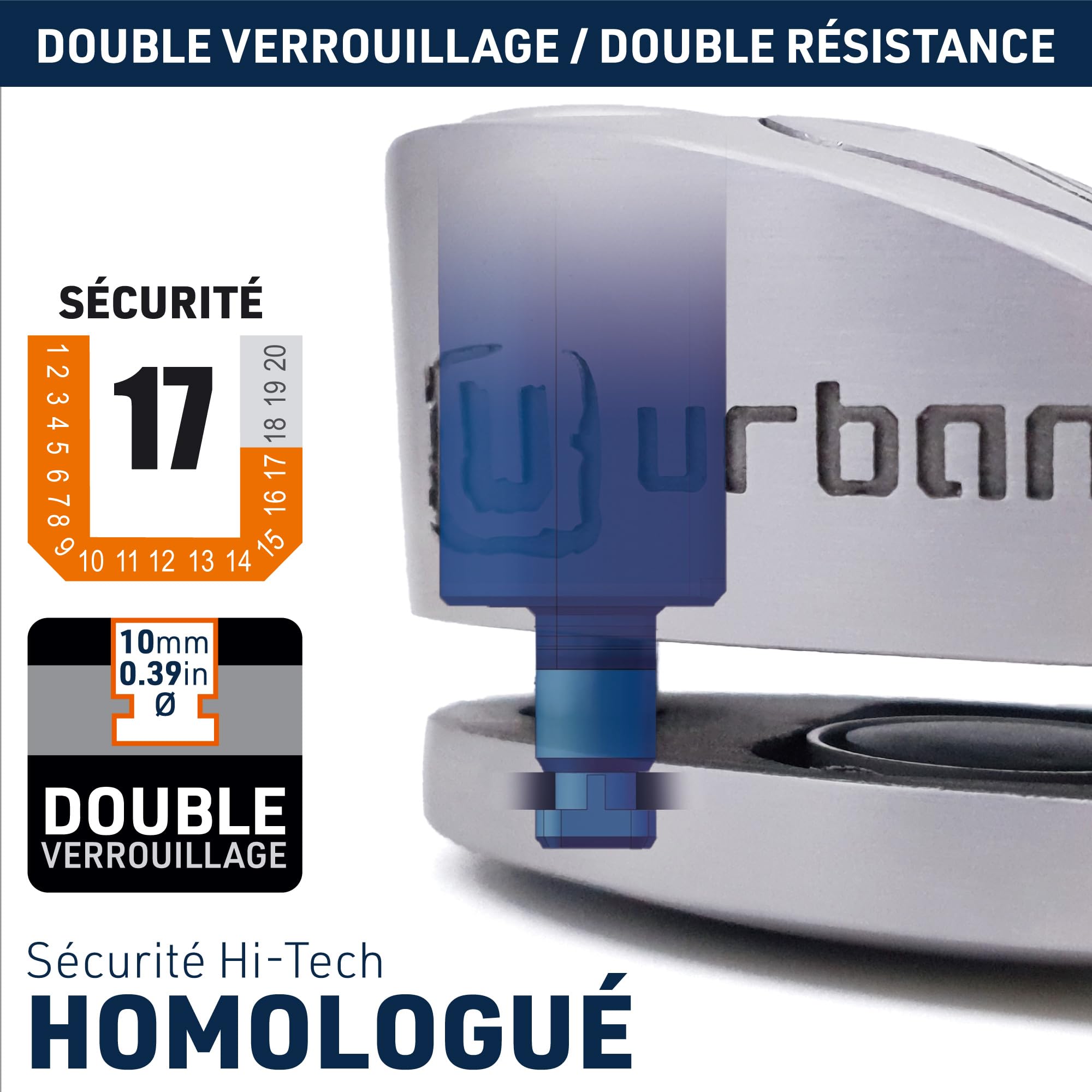 URBAN UR910S Antivol Moto Homologué SRA, Bloque Disque avec Alarme Hi-Tech | 120 dB, X2 ON | Pile CR2, Câble Rappel, Serrure Haute Sécurité, Bloc Double Verrouillage ø10mm, Acier Inoxydable